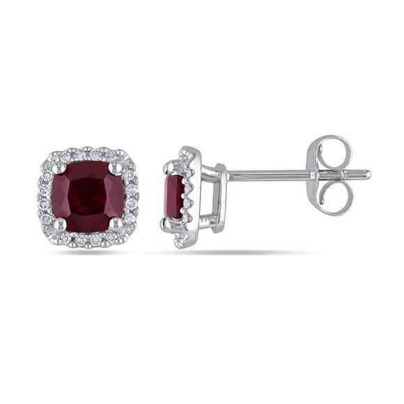 1.30 Carat (ctw) Cushion-Cut Garnet Solitaire Earrings 10K White Gold with Di